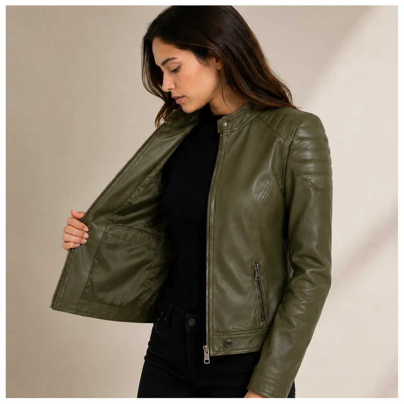Women's Olive Green Genuine Leather Cafe Racer