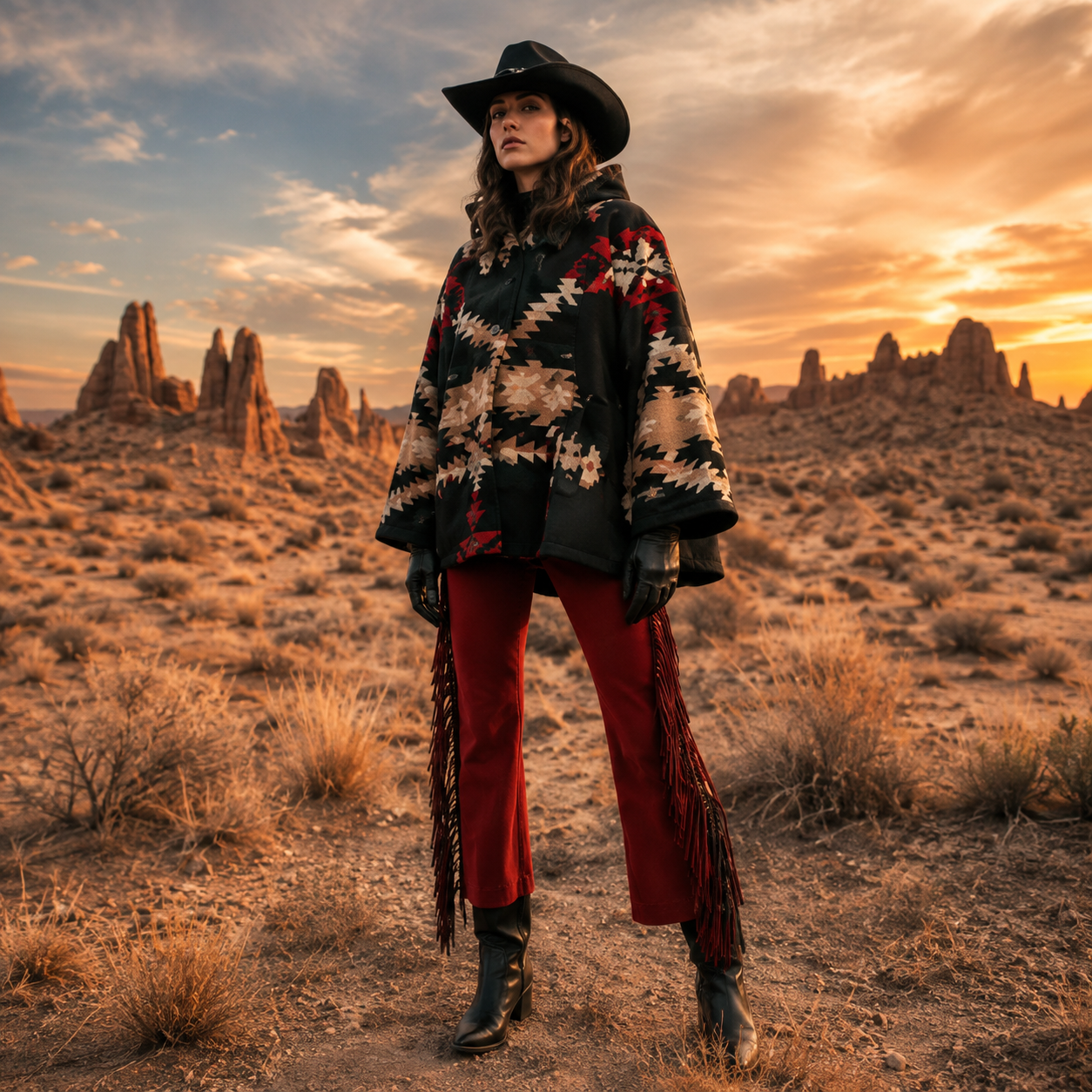 Women's Aztec Print Hooded Poncho Wool Jacket