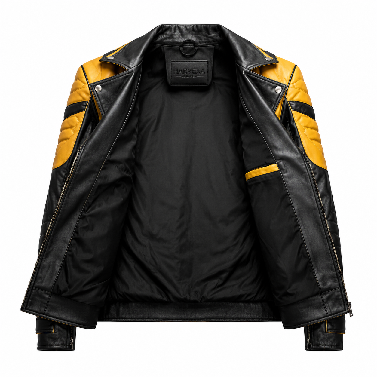 Men's Yellow and Black Biker Leather Jacket with Asymmetric Zipper