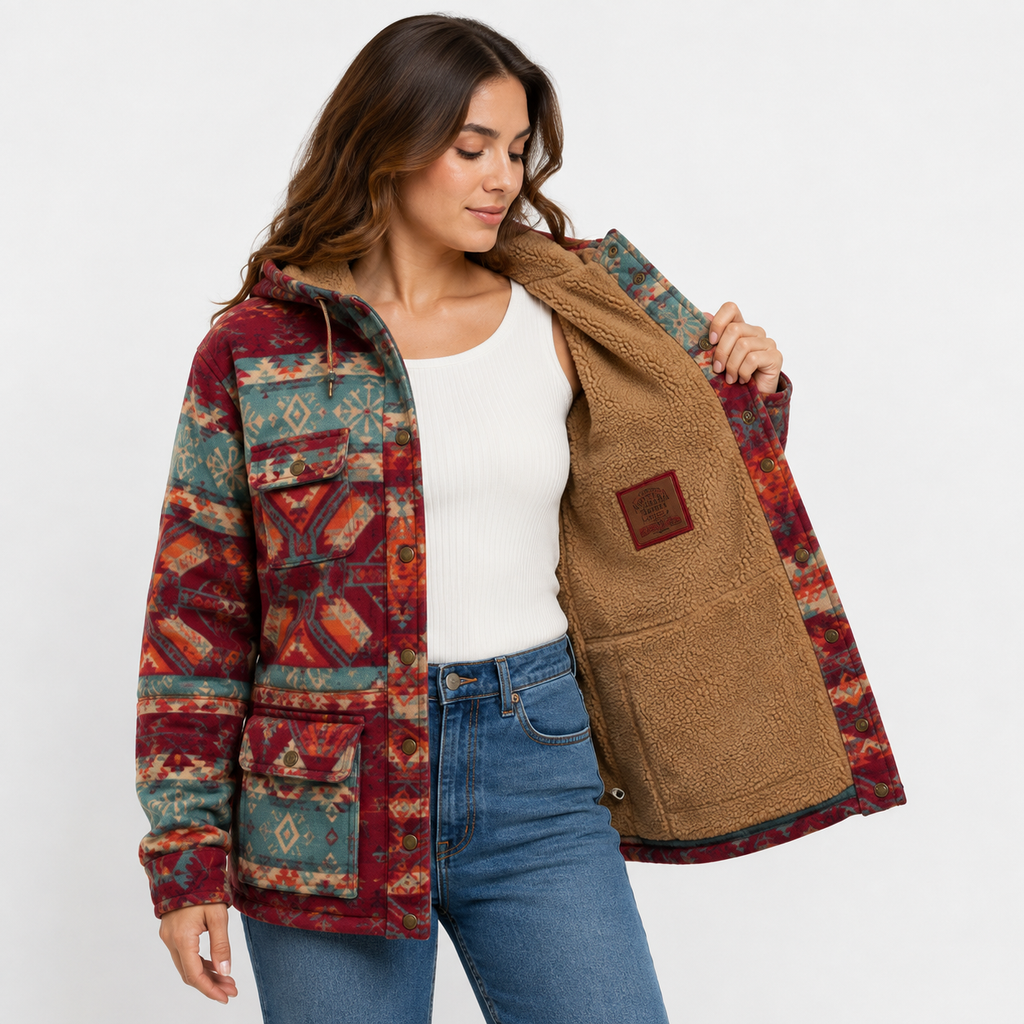 Burgundy Aztec Pattern Button Sherpa