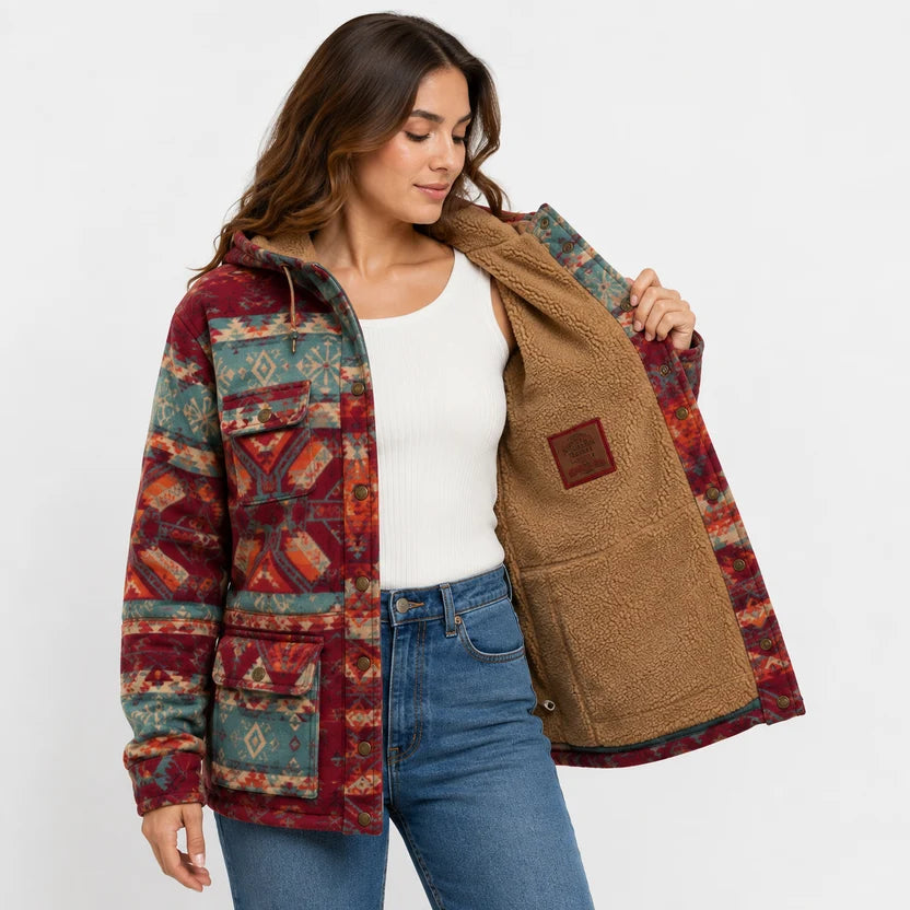 Women's Yellowstone Inspired Western Aztec Sherpa Lined Shacket