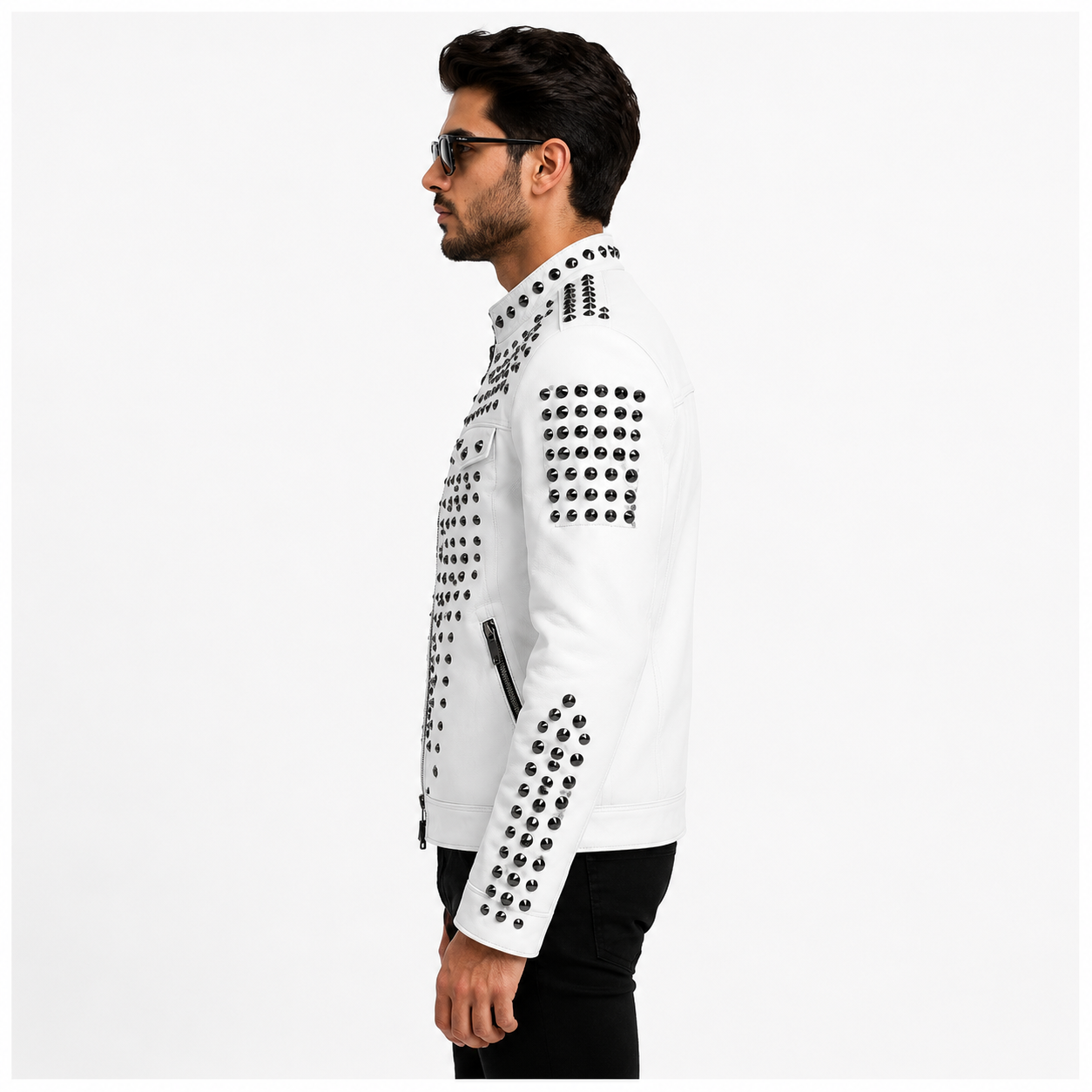 Men's White Studded Biker Leather Jacket