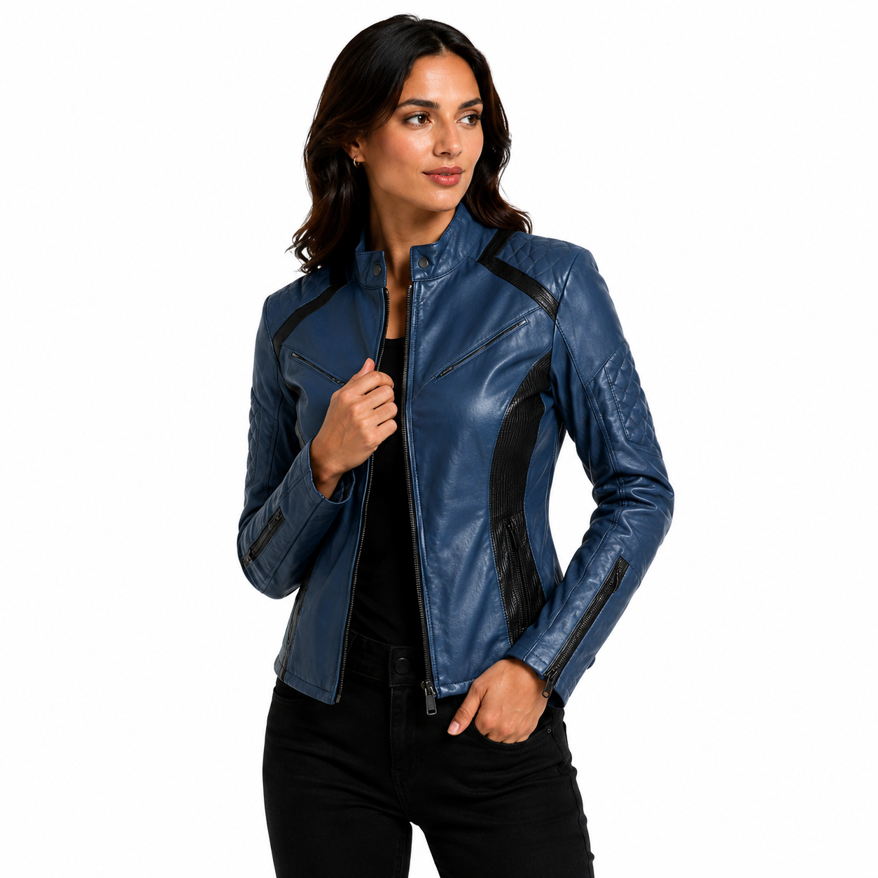 Women's Blue and Black Two-Tone Cafe Racer Leather Jacket