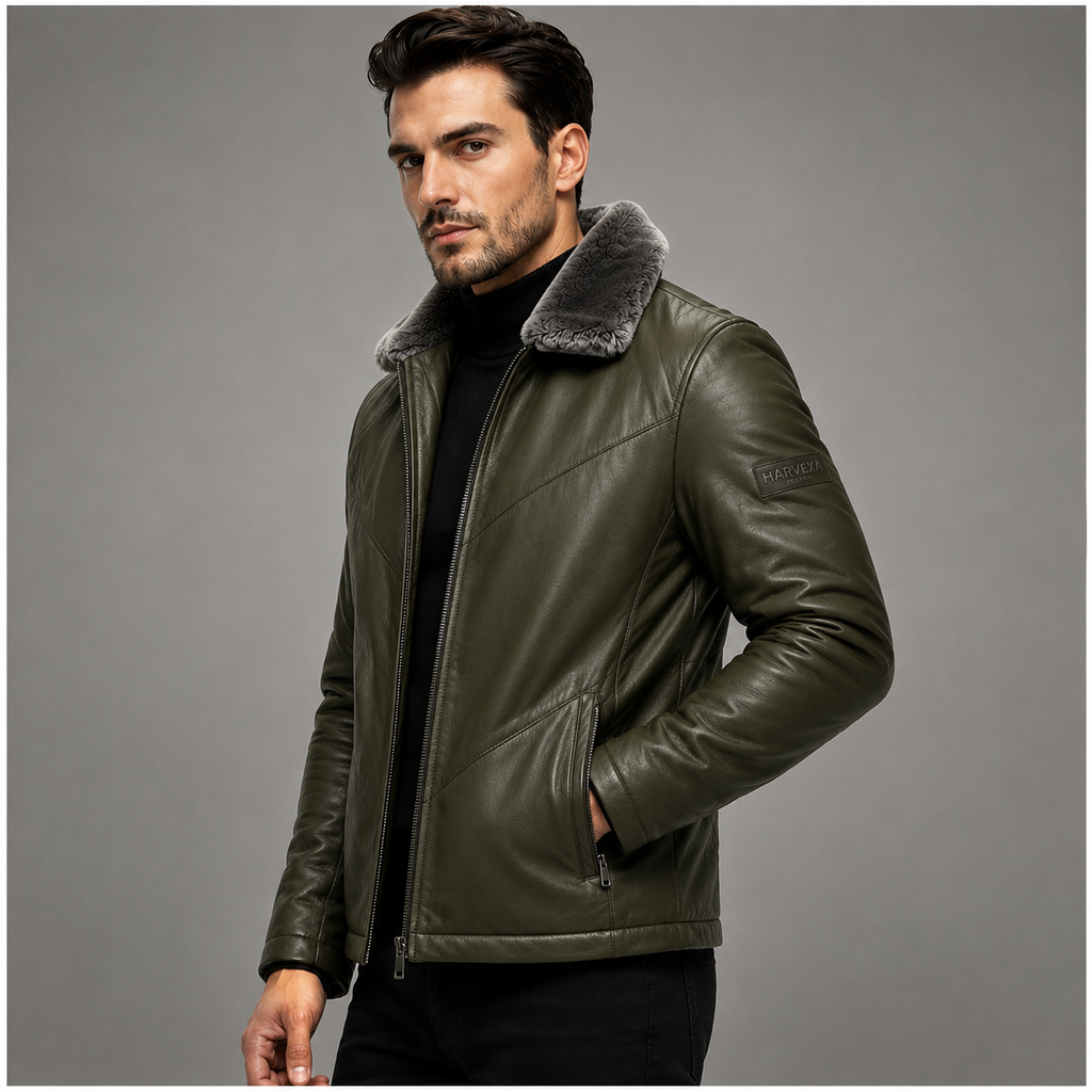 Men's olive green leather jacket