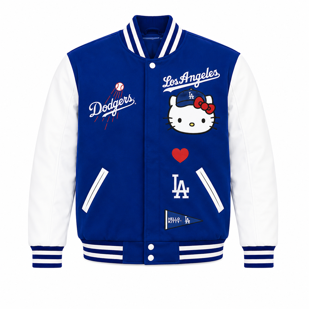 Royal Blue and White Los Angeles Dodgers Hello Kitty Varsity Jacket with Hello Kitty LA Patch