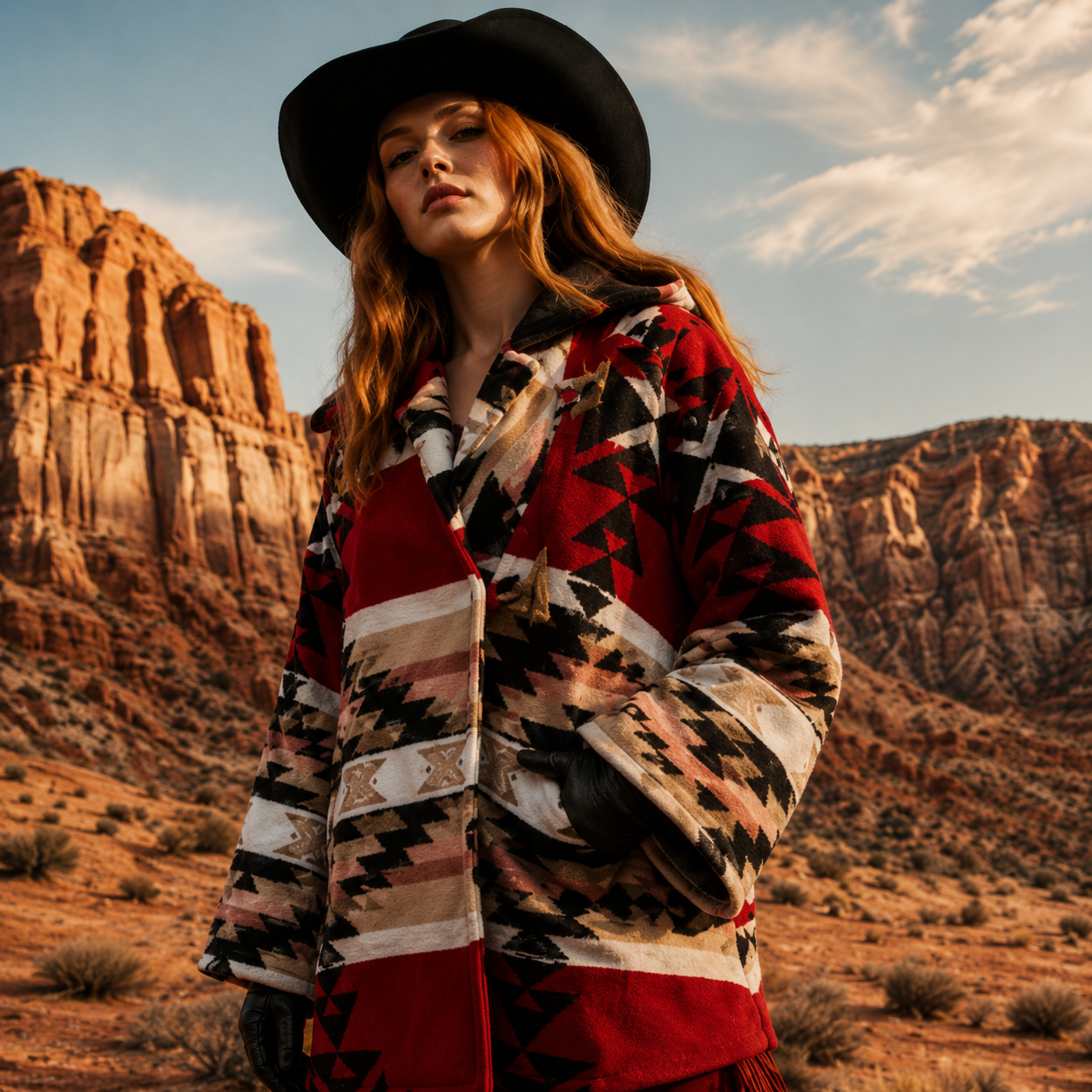Yellowstone Beth Dutton Red Coat Women's Aztec Print Hooded Wool Cape Jacket