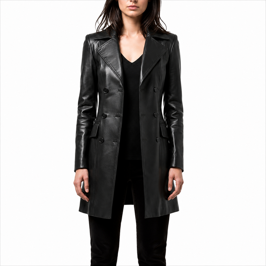 Women's Black Double-Breasted Genuine Leather Trench Coat 