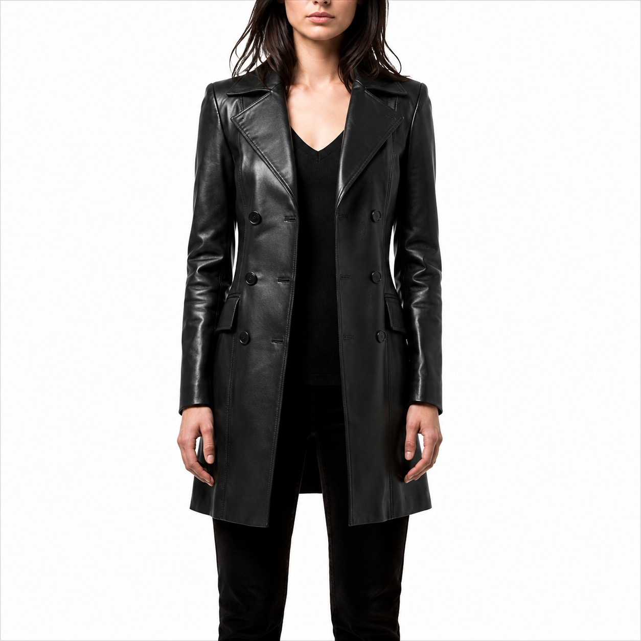 Women's Black Double-Breasted Genuine Leather Trench Coat 