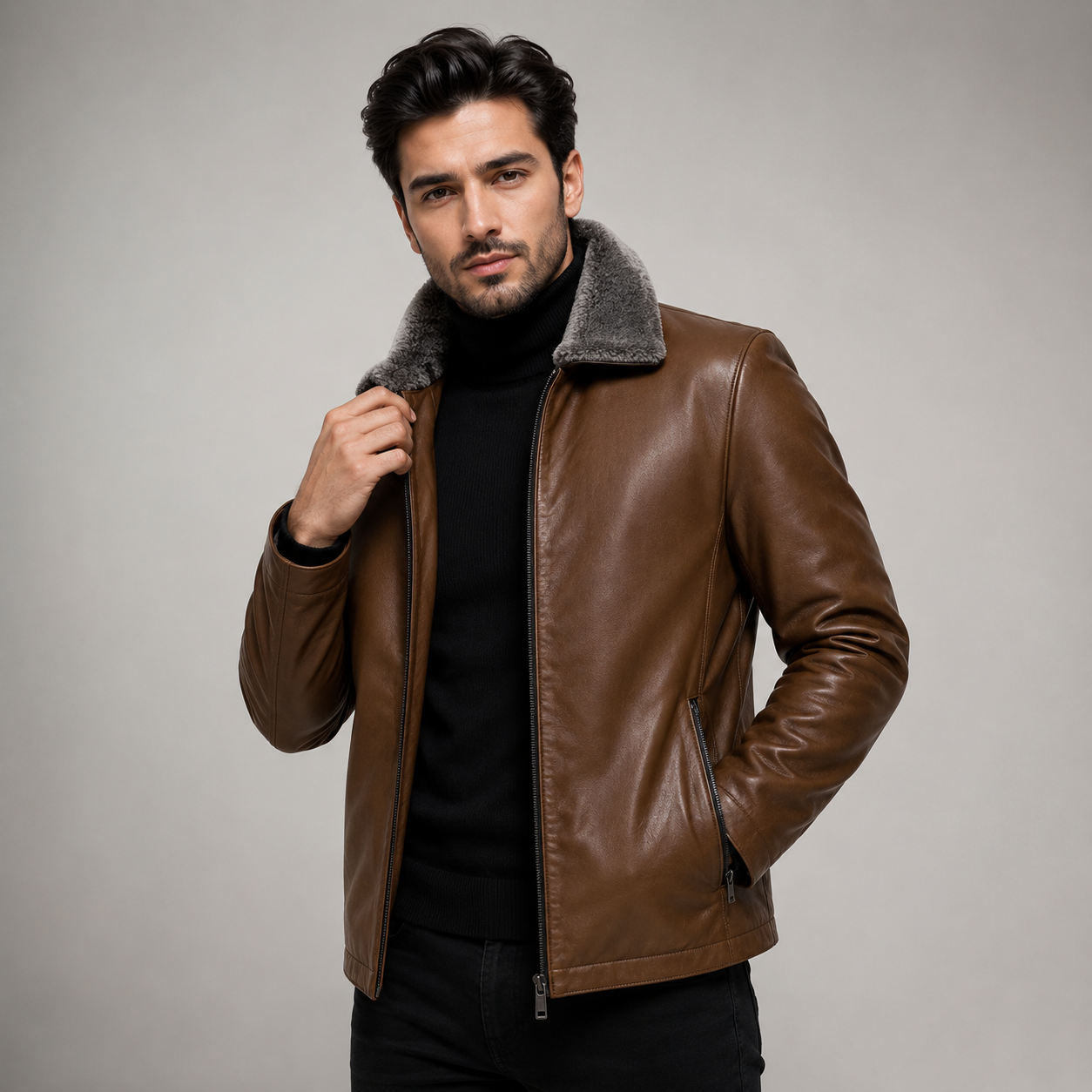 Men's brown leather jacket