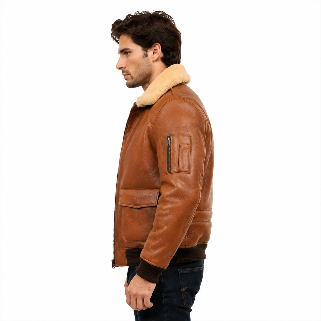Men's tan brown leather aviator flight jacket