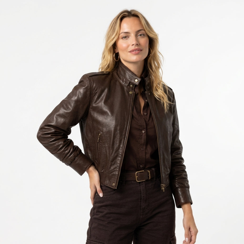 Women's dark brown leather jacket styled with a brown shirt and black pants for a classic casual look