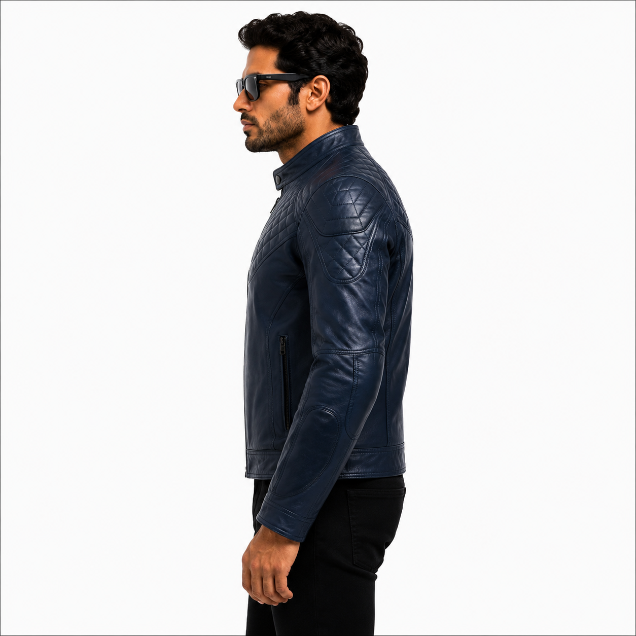 Men's Navy Blue Quilted Racer Leather Jacket