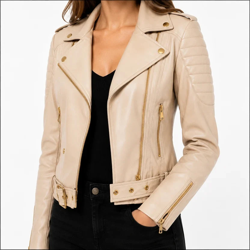 Women's Pink Genuine Leather Biker Jacket