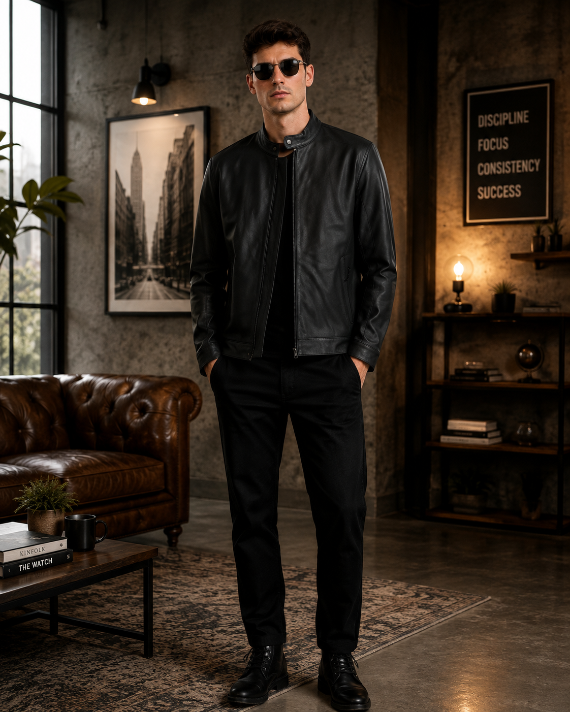 Men's Black Genuine Leather Mandarin Collar Jacket