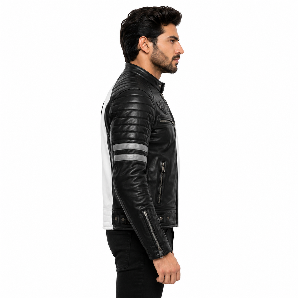 Quilted Back Panel Detail on Two Tone Leather Jacket