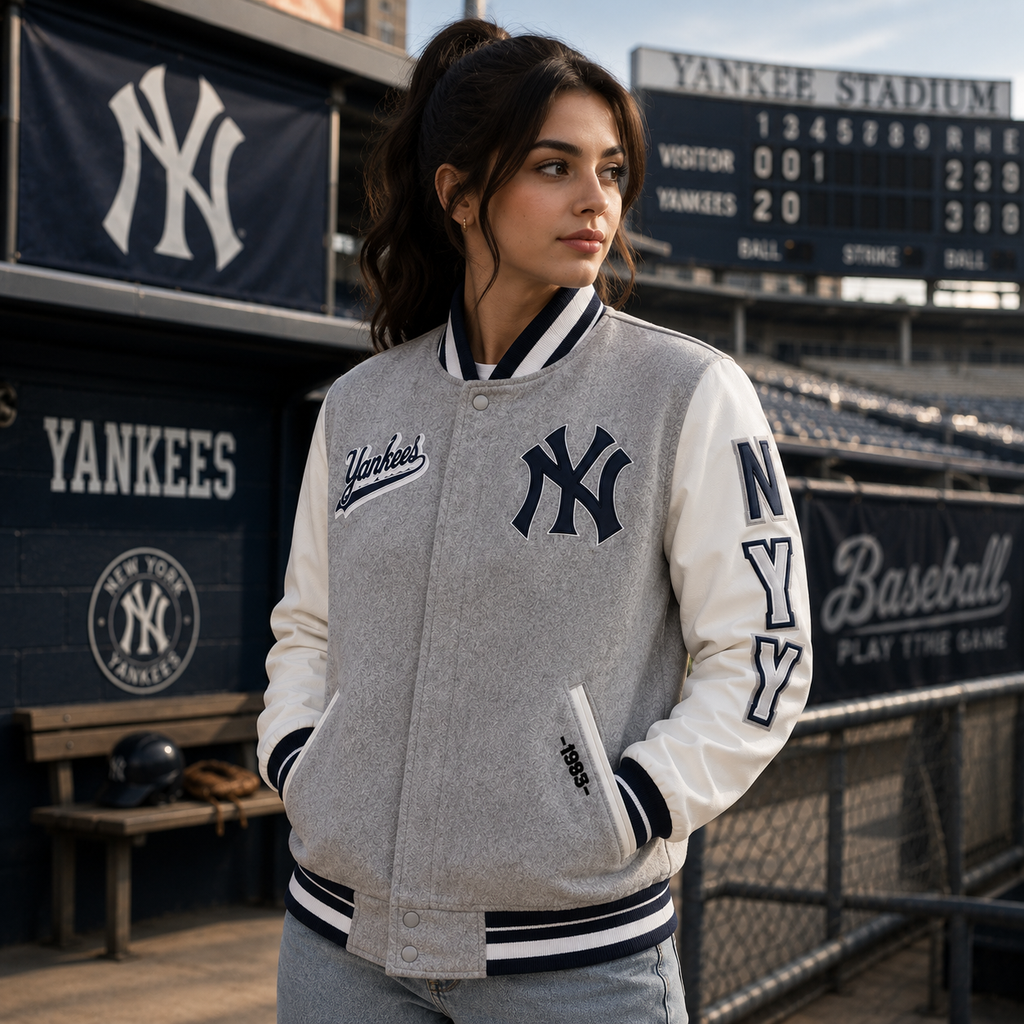 Gray and White New York Yankees MLB Varsity Jacket with NY Logo