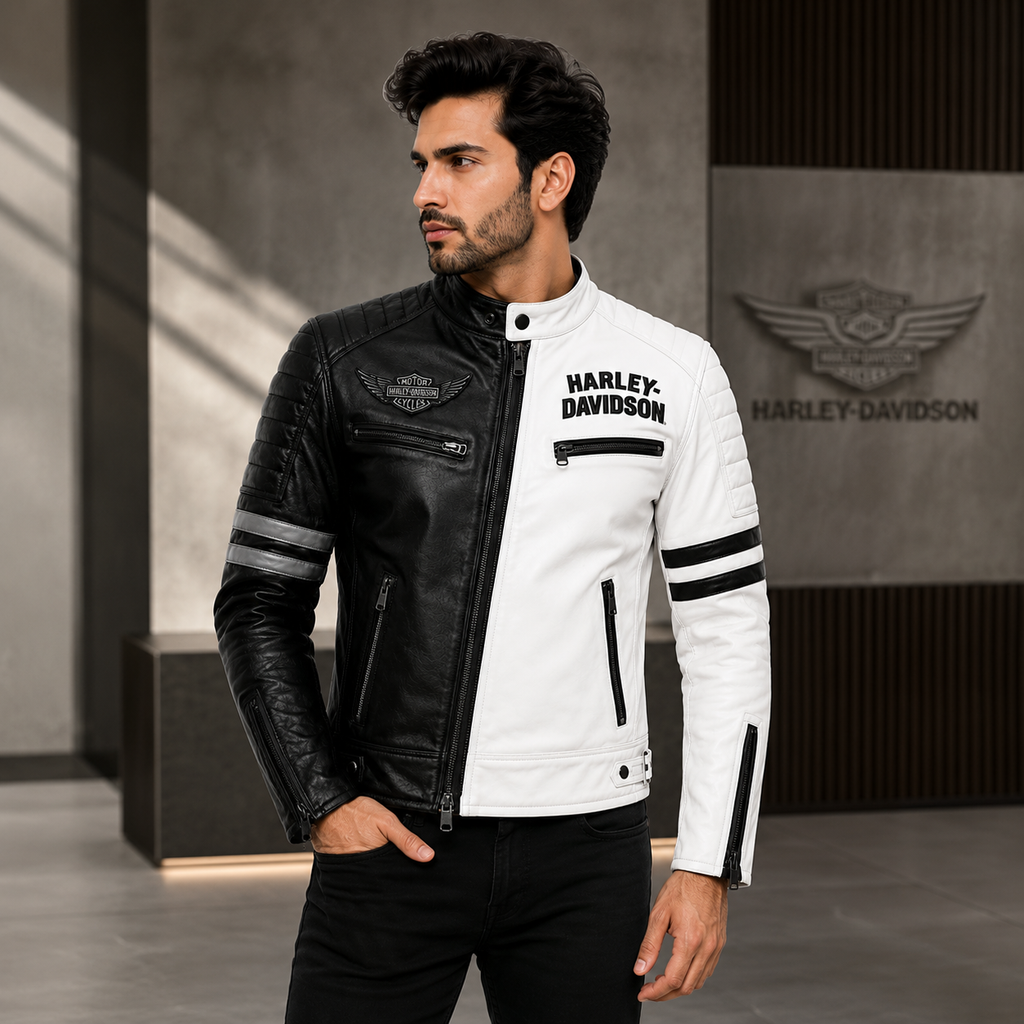 Men's Black White Split Leather Jacket Back Streetwear Outfit