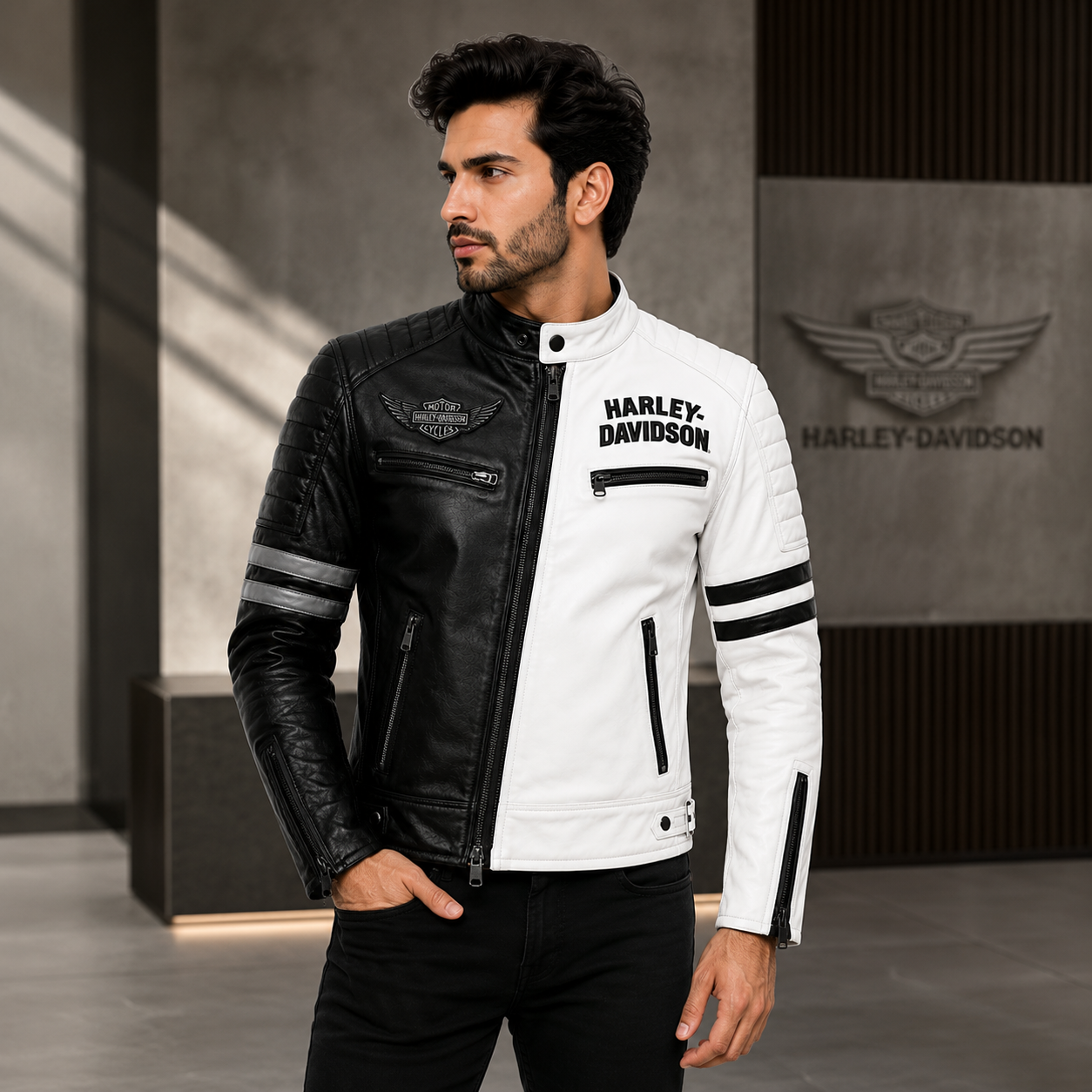 Men's Black White Split Leather Jacket Back Streetwear Outfit