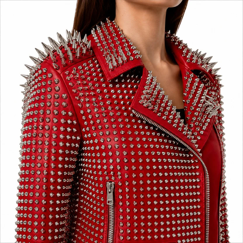 women's red studded leather moto jacket