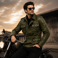 Men's Olive Green Military Safari Leather Field Jacket.