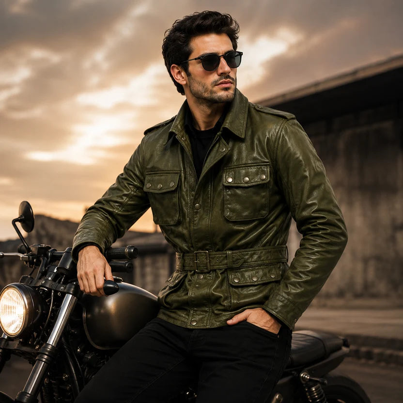 Men's Olive Green Distressed Leather Field Biker Jacket