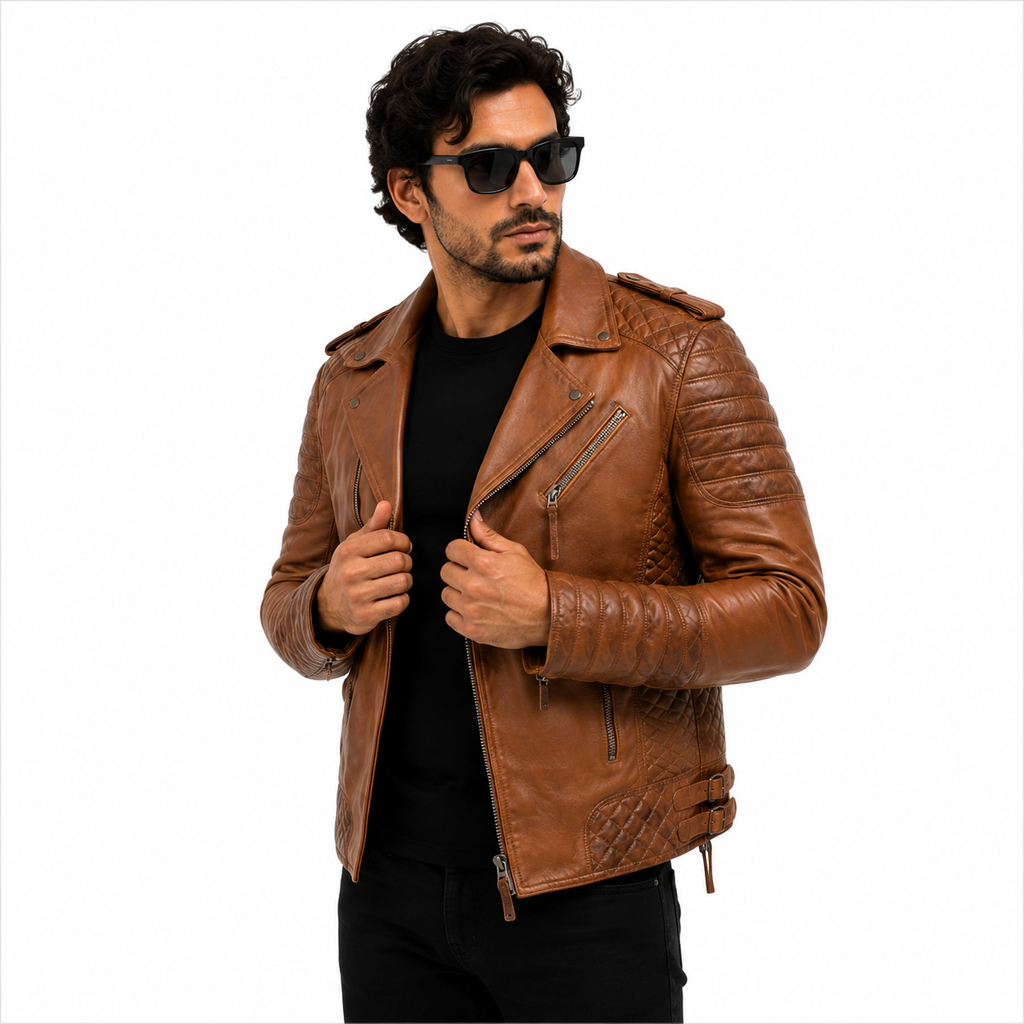 Men's Tan Brown Asymmetric Leather Biker Jacket