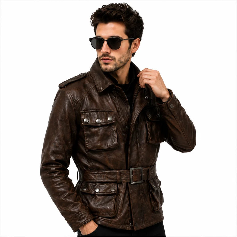 Men's Dark Brown Distressed Leather Field Biker Jacket with Waist Belt and 4 Pockets