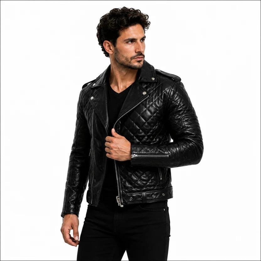 Men's White Leather Quilted Biker Jacket