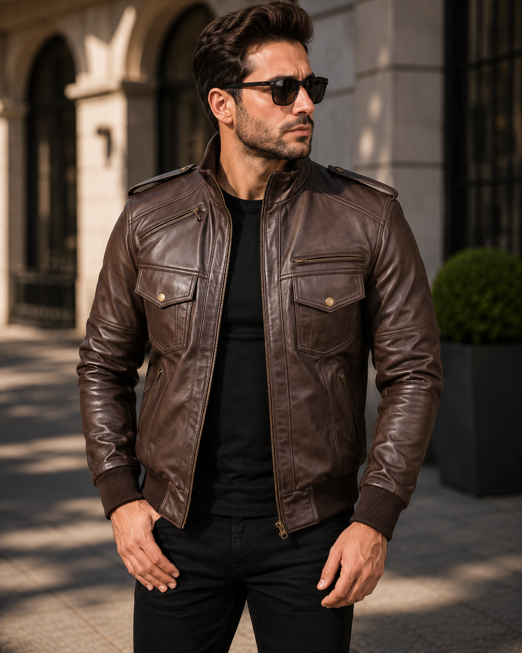 Dark Brown Military Bomber Leather Jacket