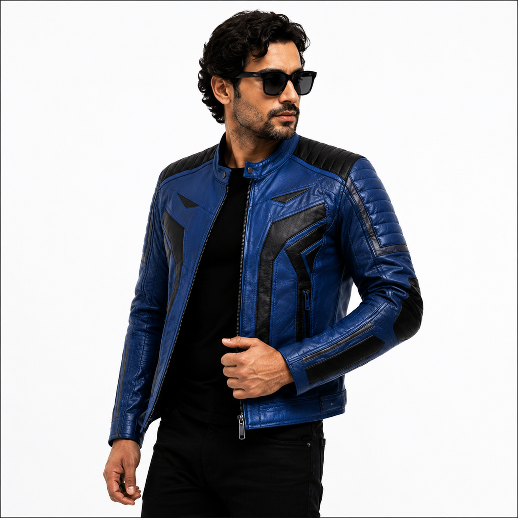 Men's Blue & Black Cafe Racer Leather Biker Jacket