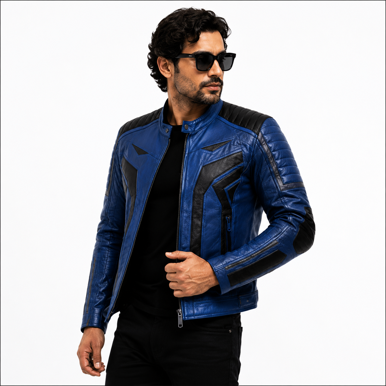 Men's Blue & Black Cafe Racer Leather Biker Jacket