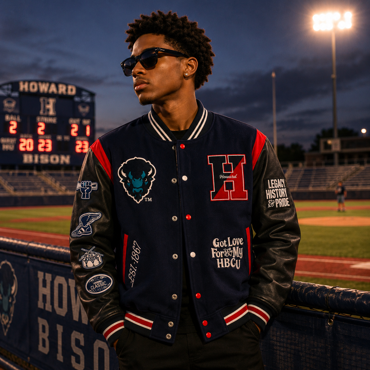  Navy Blue and Black Howard University HBCU Varsity Jacket with Buffalo Logo and Big H Patch