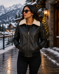 Women's Black Shearling Collar Bomber Leather Jacket