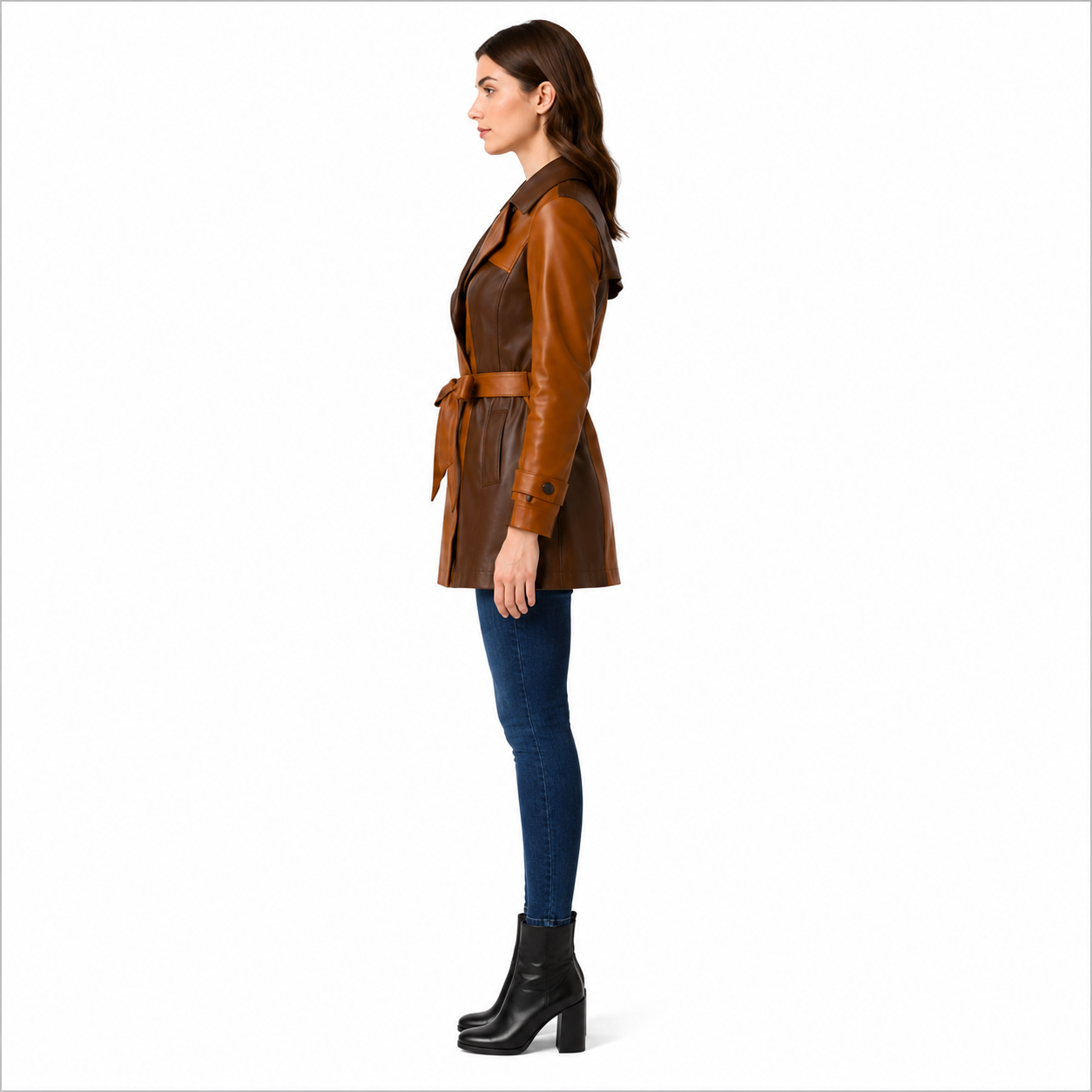 Color Block Detail on Brown Tan Leather Trench Coat