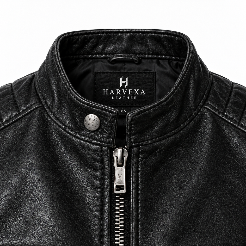 chest zipper pockets and silver hardware on men's black biker moto jacket
