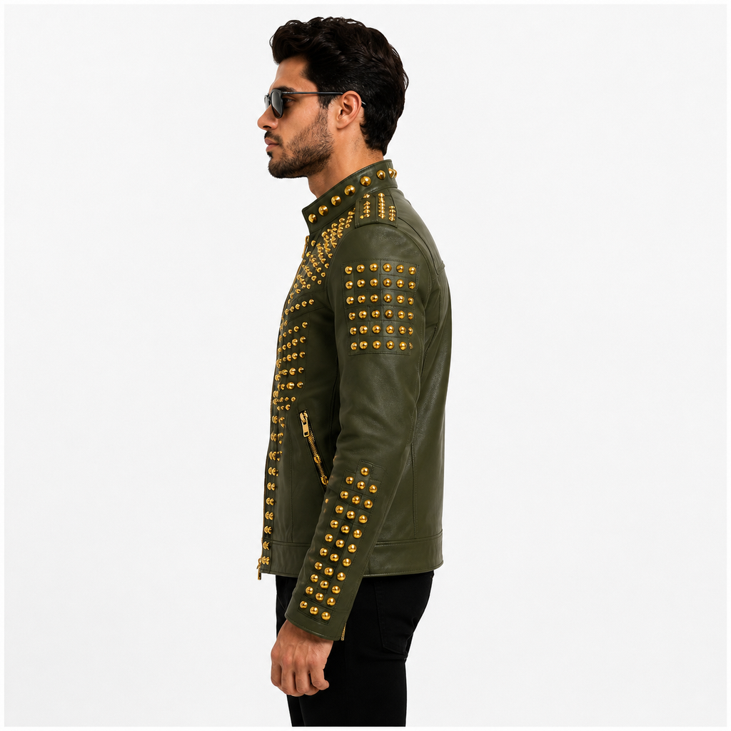 Men's Olive Green Studded Leather Jacket