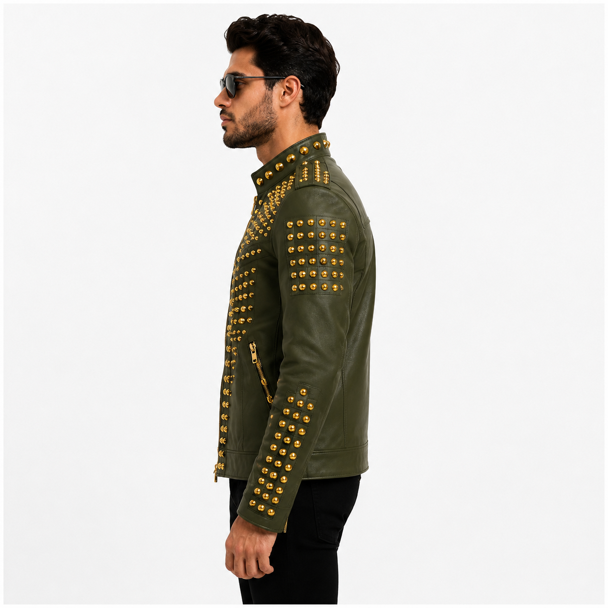 Men's Olive Green Studded Leather Jacket