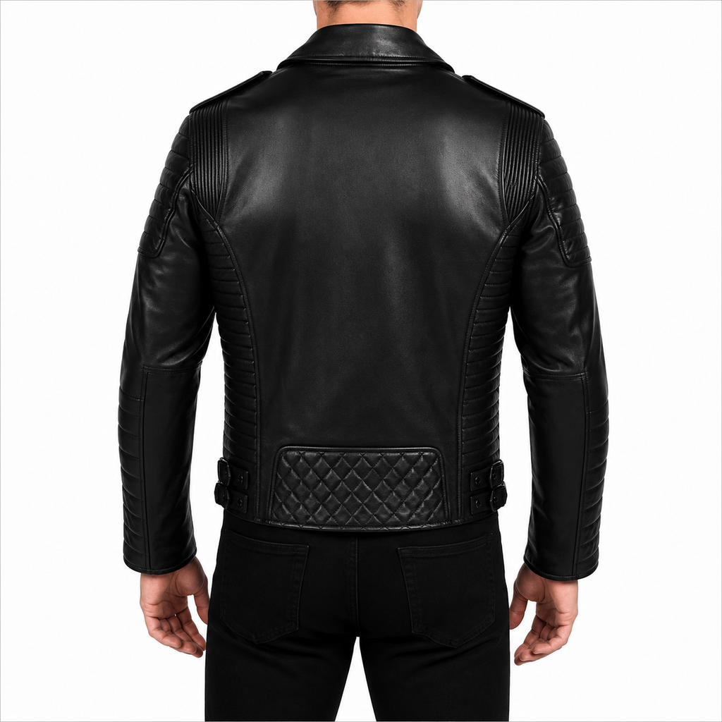 Men's Black Quilted Leather Biker Jacket with Padded Sleeves and Asymmetric Zip