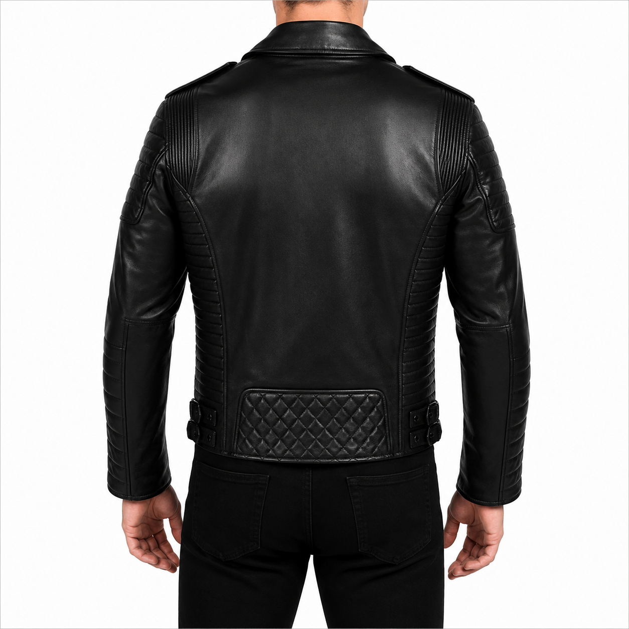 Men's Black Quilted Leather Biker Jacket with Padded Sleeves and Asymmetric Zip