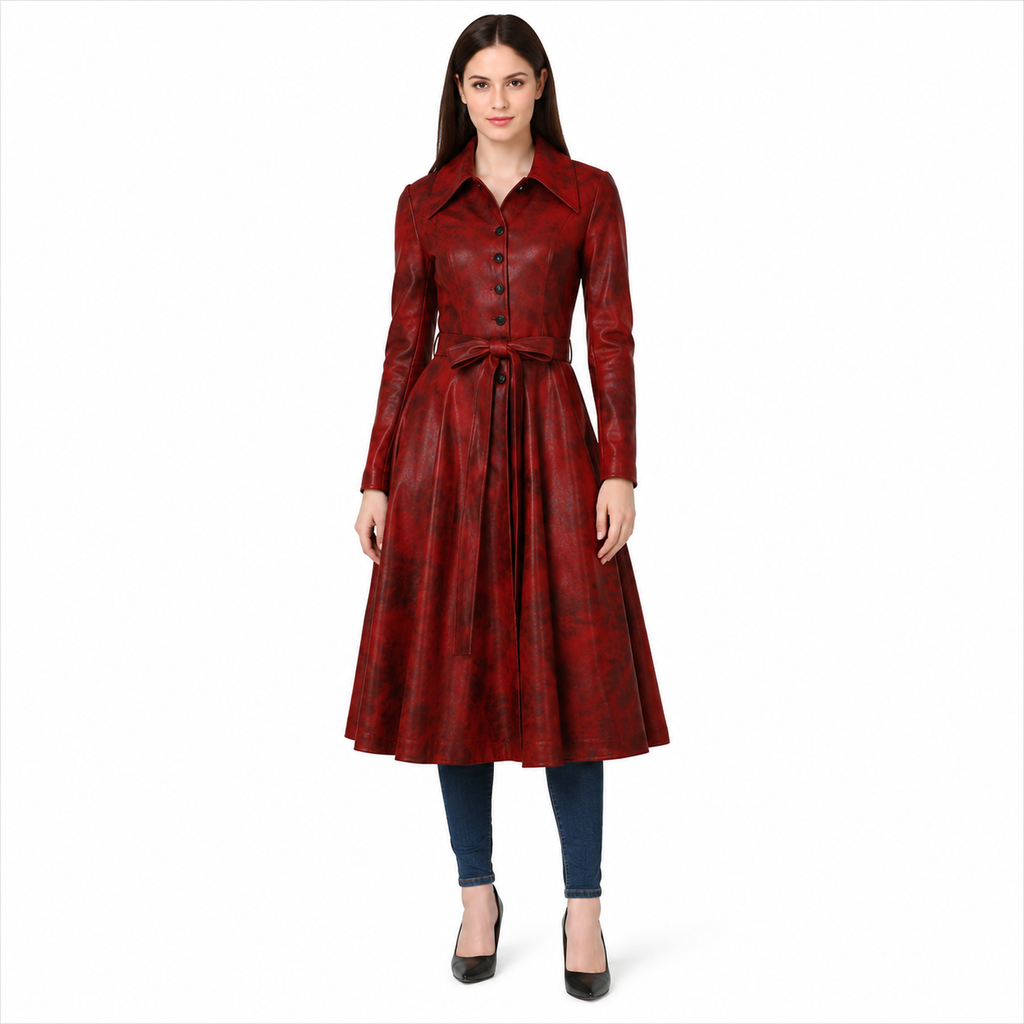 Women's Distressed Red Belted Genuine Leather Fit and Flare Coat 
