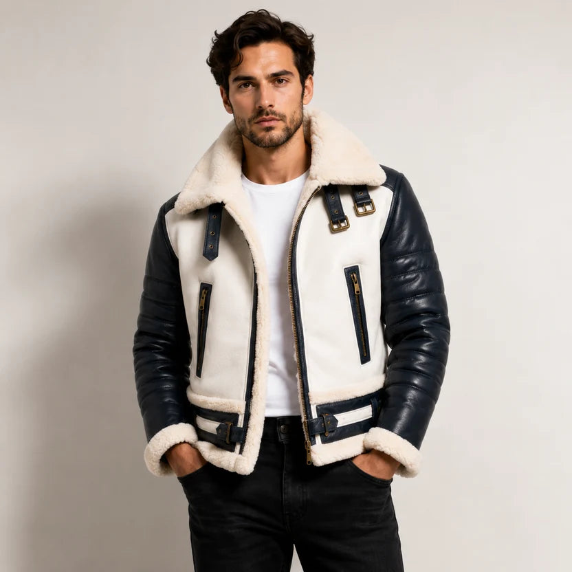 Men's Navy and White Leather Shearling Bomber Jacket