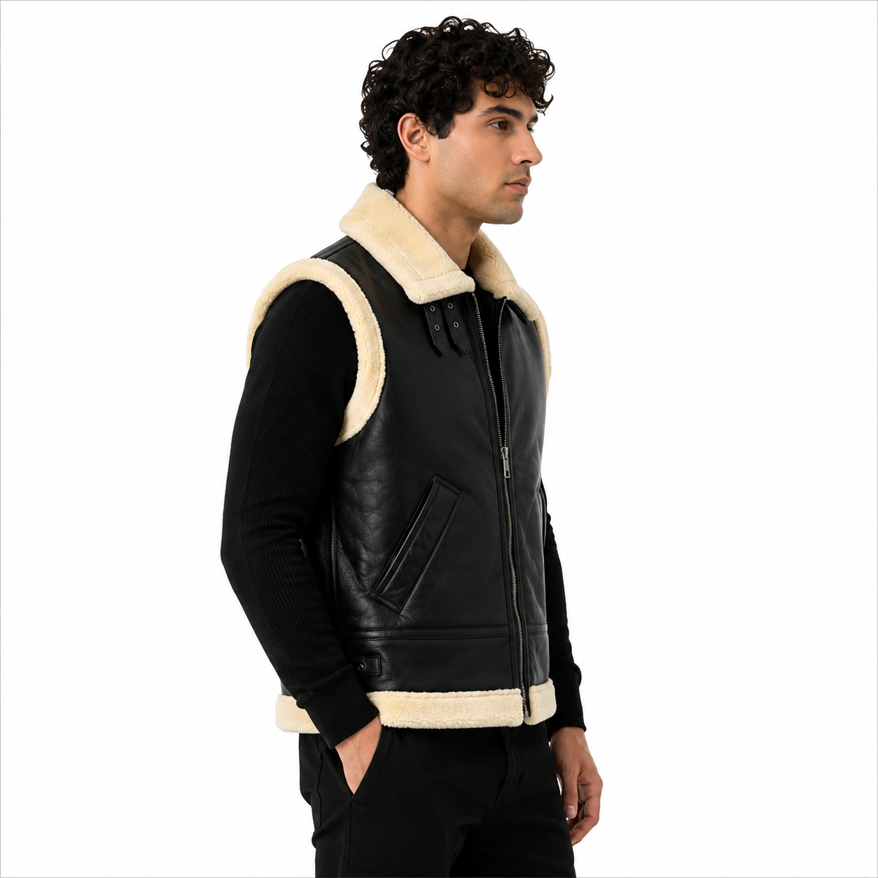 Men's Black Shearling Leather Aviator Vest