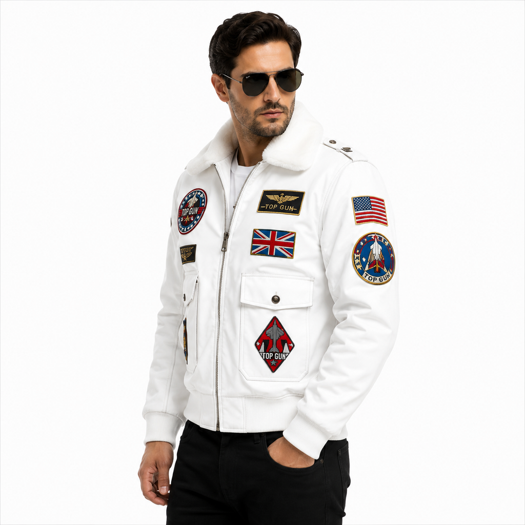 Men's White Top Gun Flight Bomber Leather Jacket with Faux Fur Collar