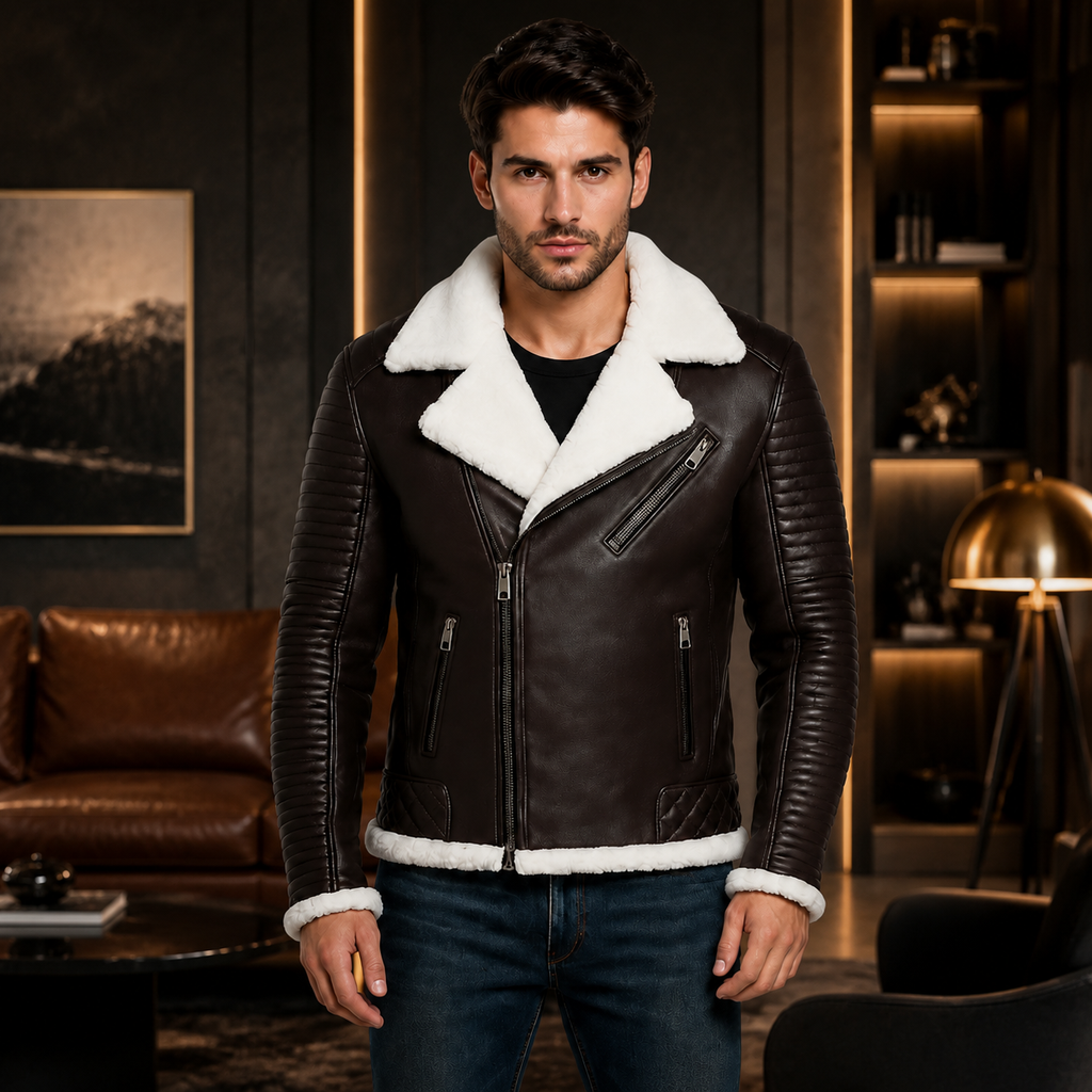 Men's Brown Shearling Collar Genuine Leather Biker Jacket