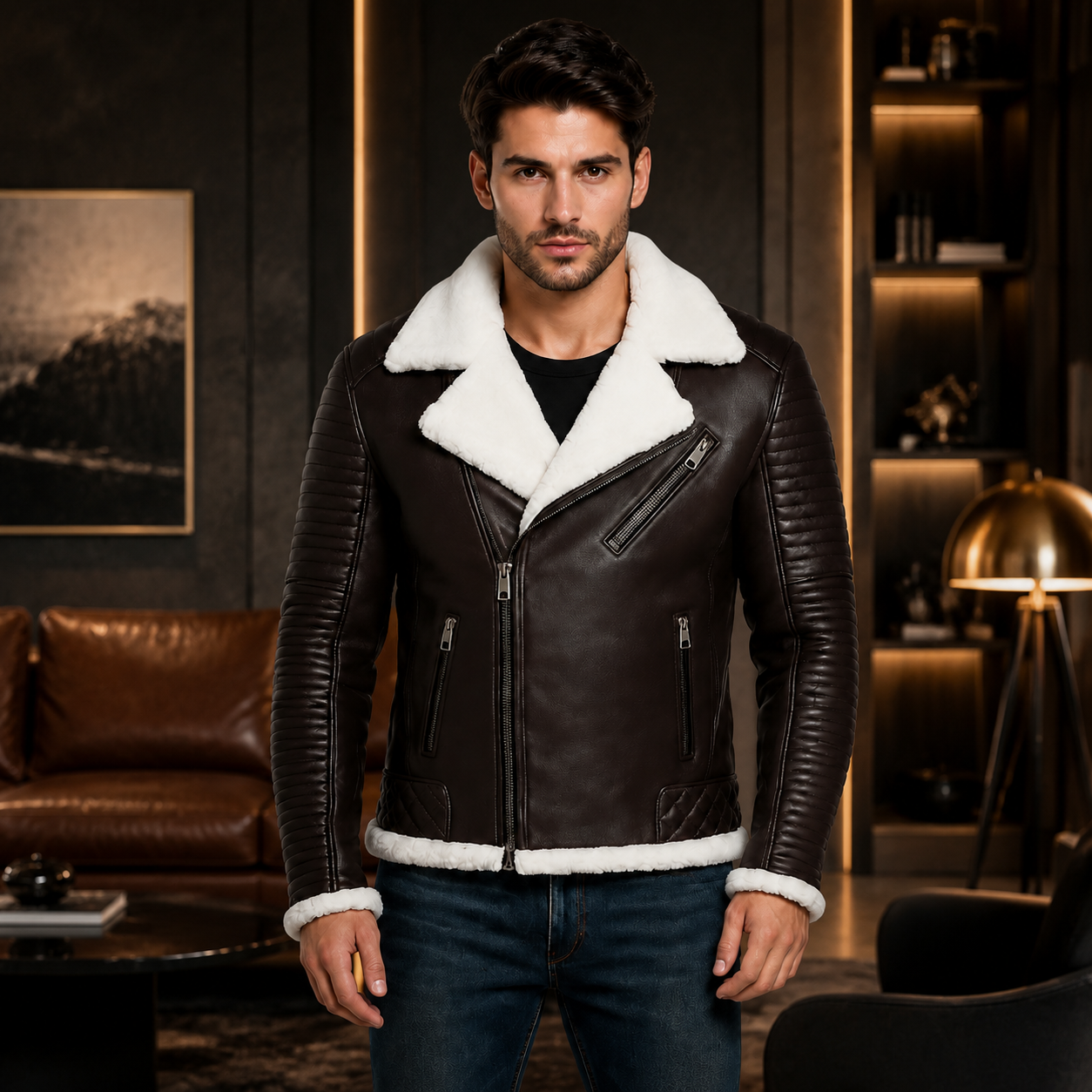 Men's Brown Shearling Collar Genuine Leather Biker Jacket