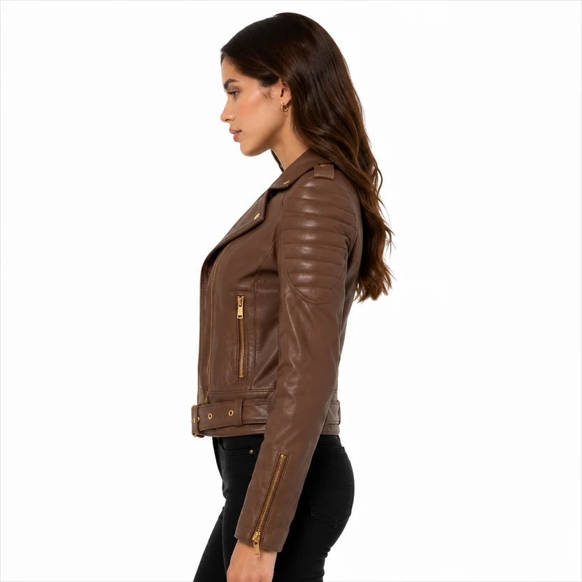 Women's Brown Biker Leather Jacket with Asymmetric Zip
