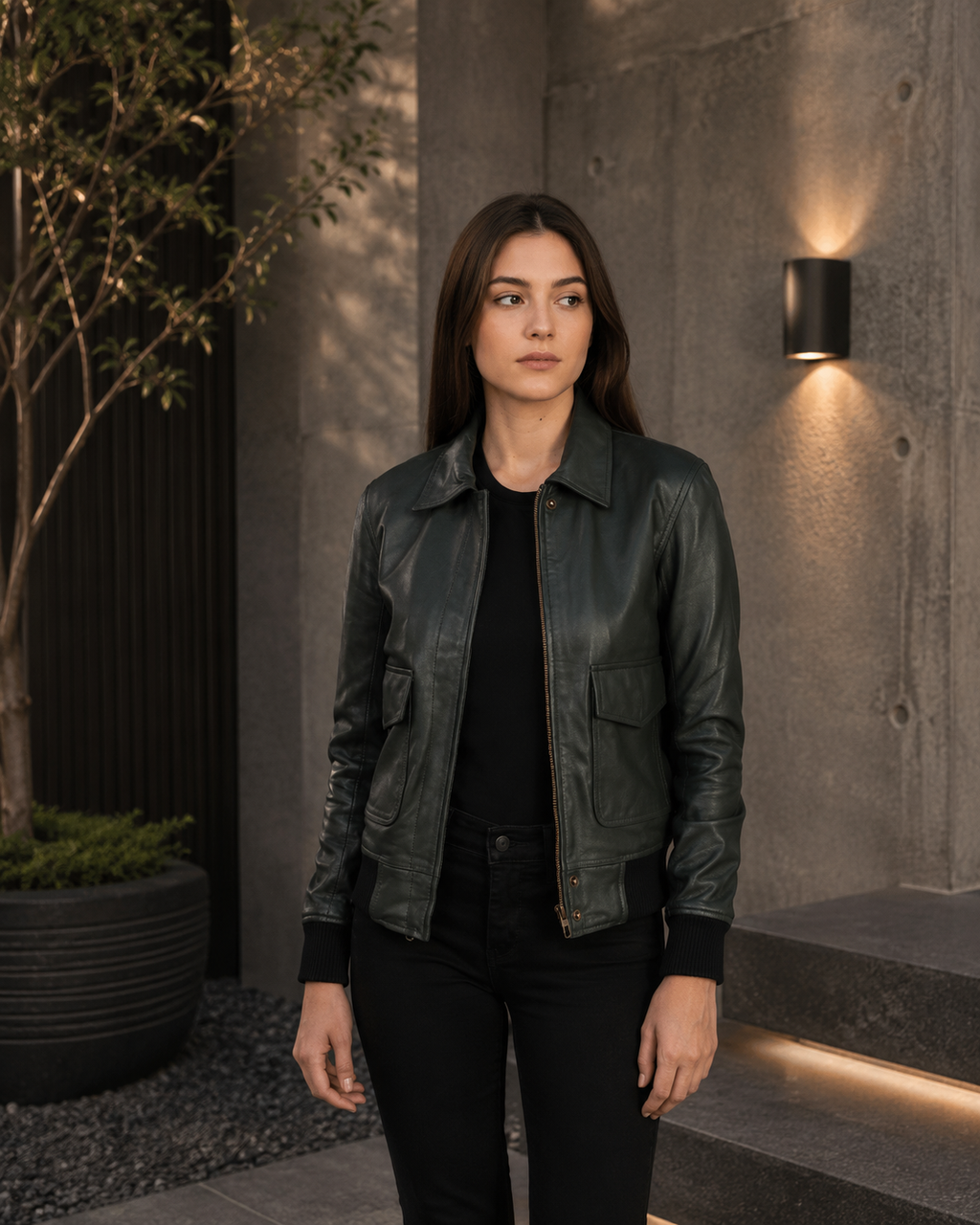 Women's Olive Green Leather Bomber Jacket