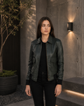 Women's Olive Green Leather Bomber Jacket