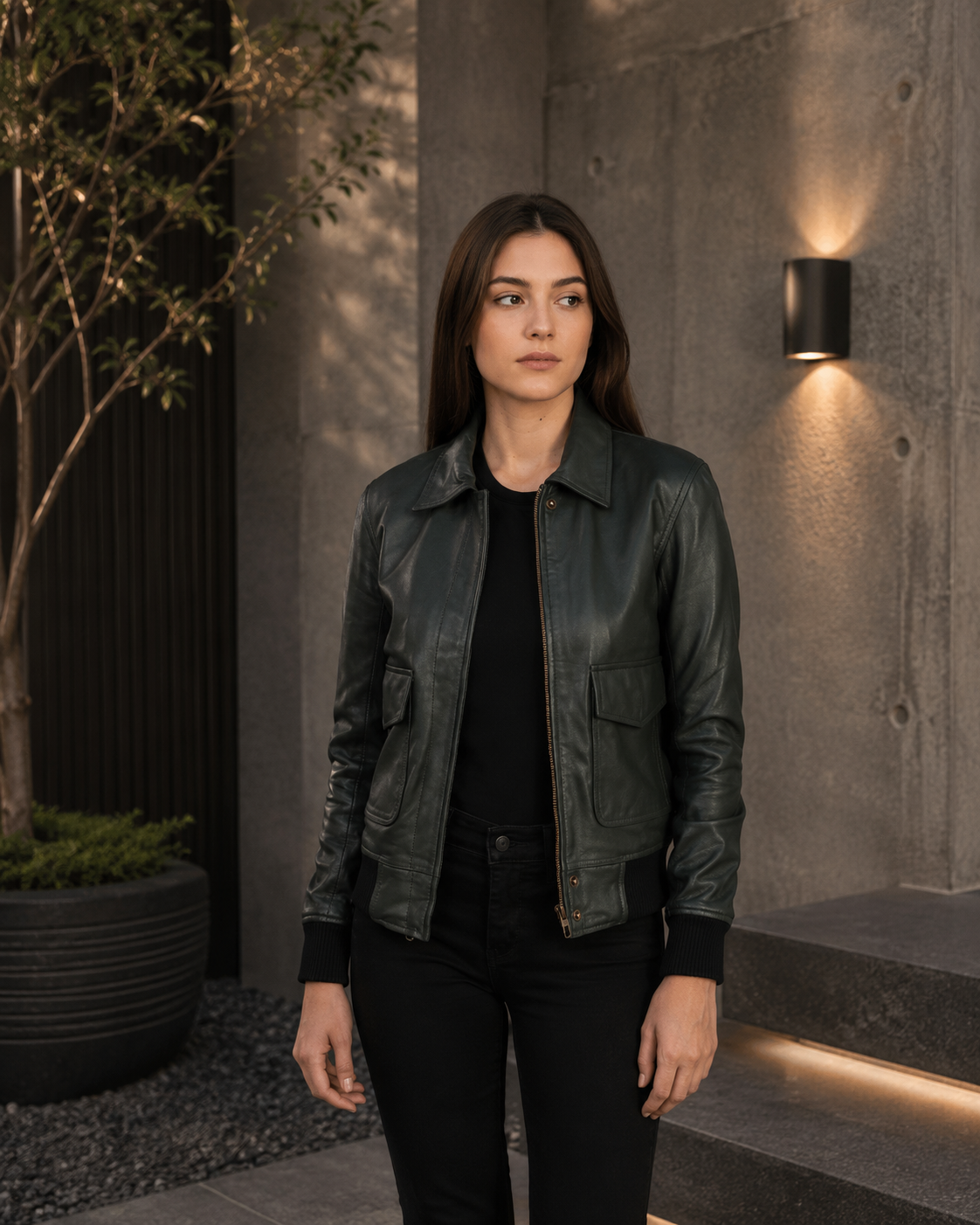 Women's Olive Green Leather Bomber Jacket
