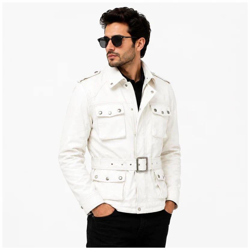 Men's Black Leather Military Field Jacket